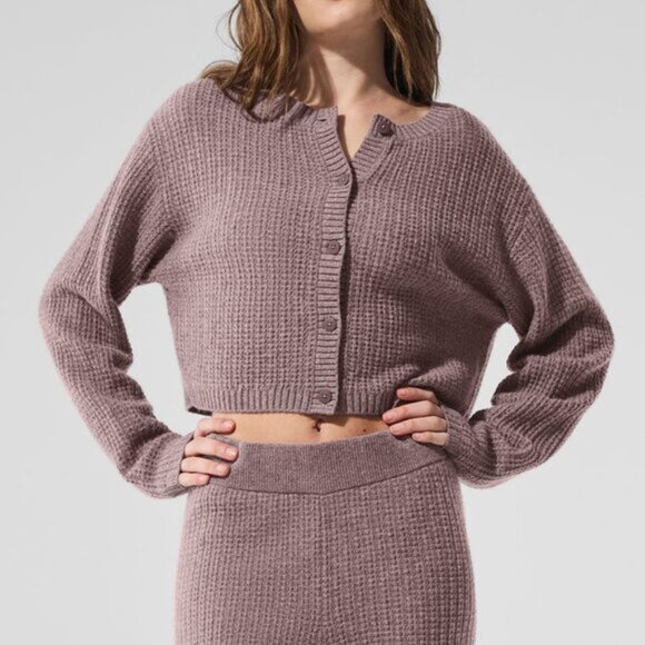 Alo Yoga Cashmere Plush Waffle Cardigan Mushroom Heather - Picture 3 of 4